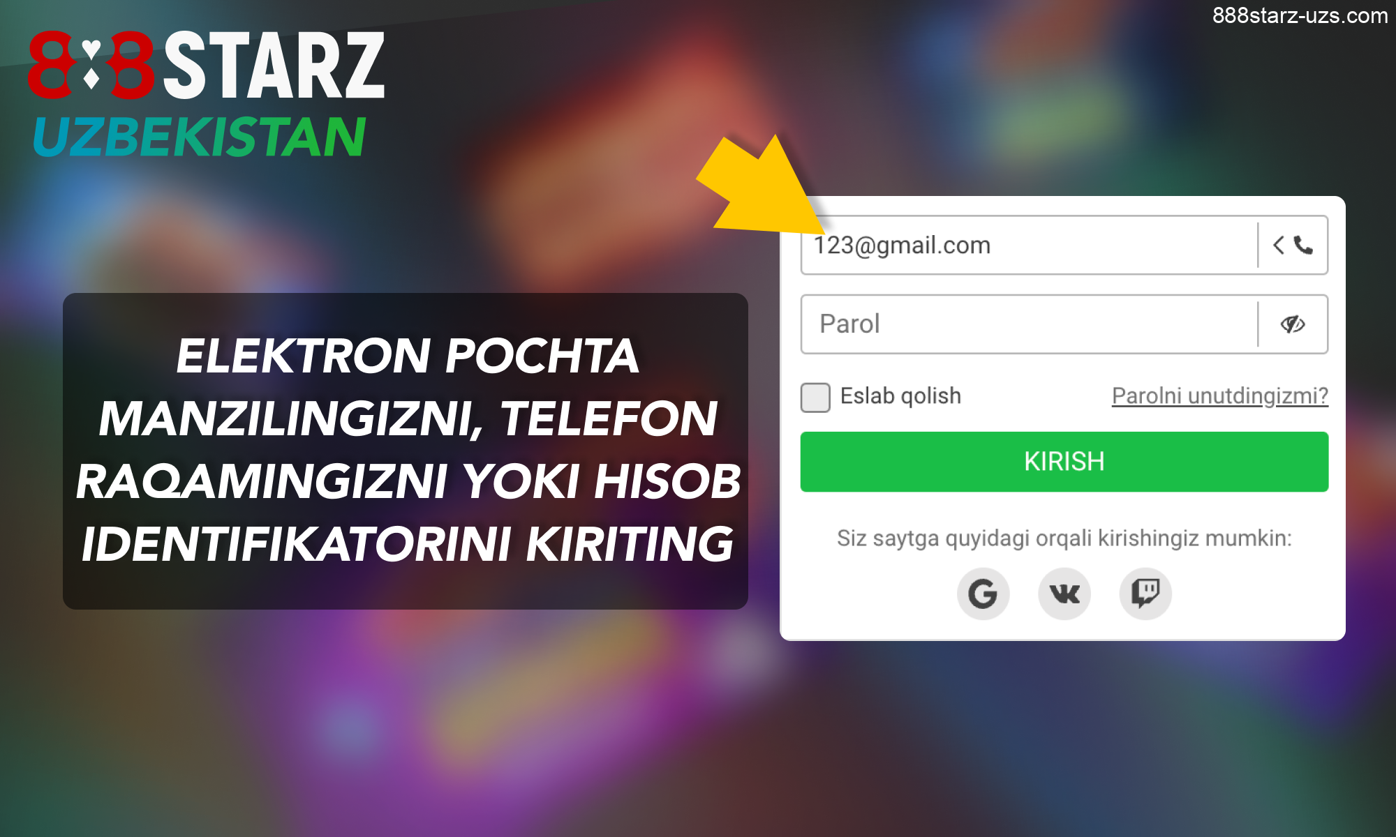 888Starz Uzbekistan - tizimga kirish uchun elektron pochtangizni yozing