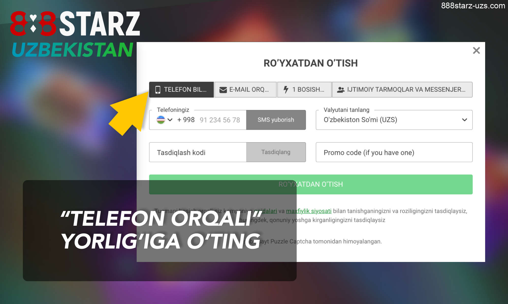 888Starz Uzbekistan - mobil telefon orqali roʻyxatdan oʻtish