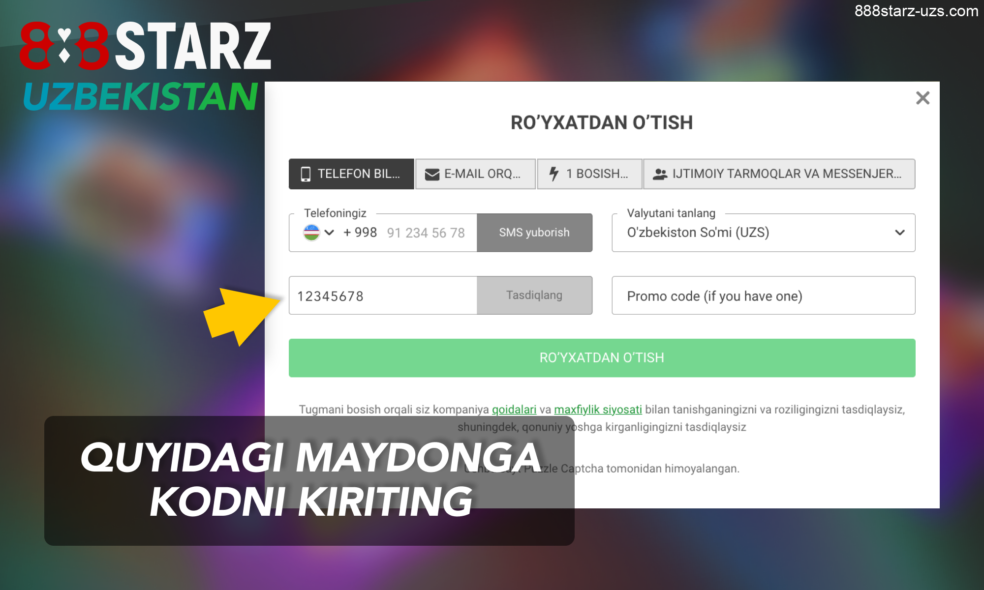 888Starz Uzbekistan veb-saytida roʻyxatdan oʻtishni davom ettirish uchun SMS-dan kodni yozing